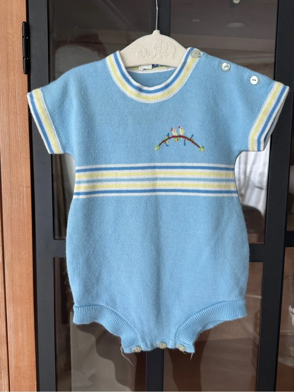 Vintage knit onesie embroidered baby boy bubble romper birds striped 70s retro